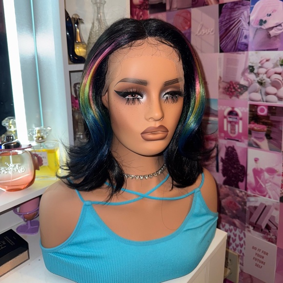 Rainbow Highlight Black Lace Front Wig - Picture 1 of 3